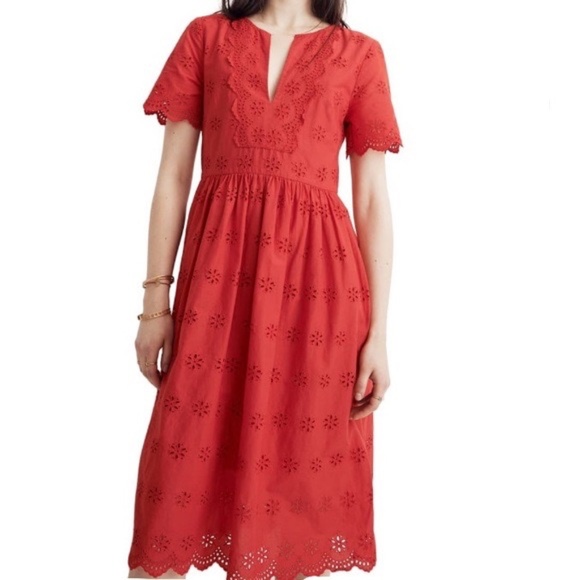Madewell Poplin Scallop Eyelet Midi Dress NWT Sz 6 Red Short-Sleeve Preppy - Picture 1 of 14